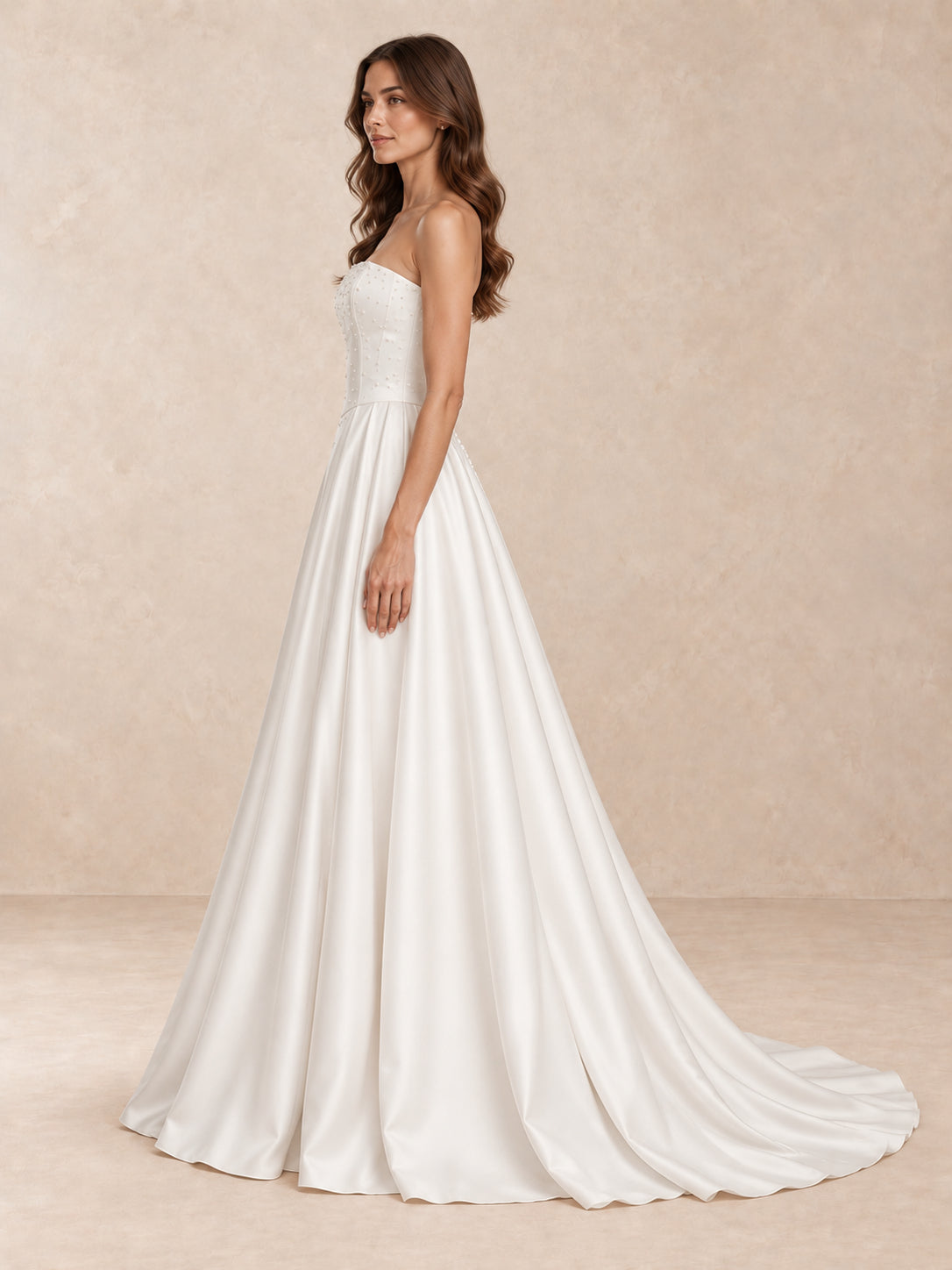 Pearl-Accented Strapless Satin Wedding Dress With Sweep Train