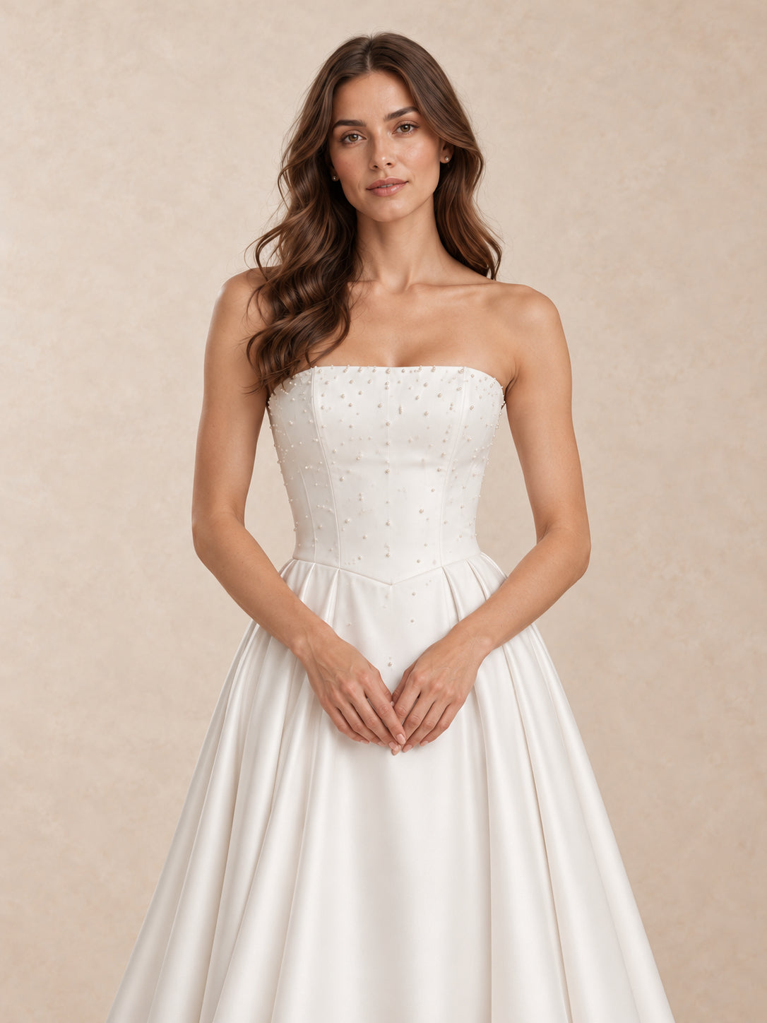 Pearl-Accented Strapless Satin Wedding Dress With Sweep Train