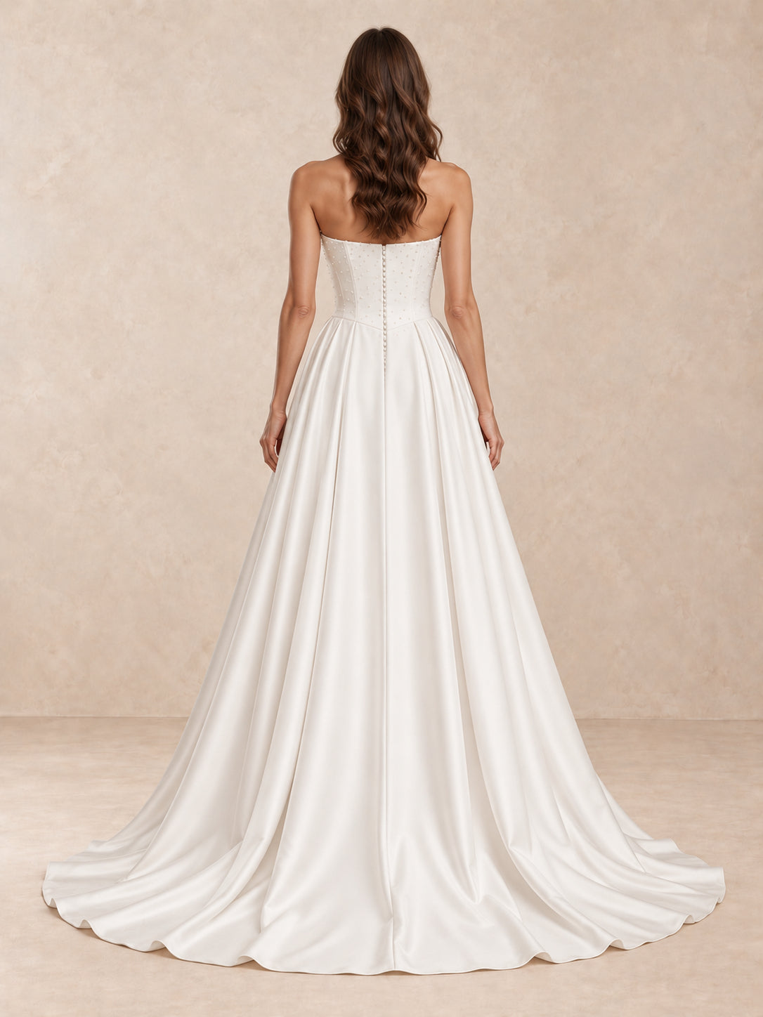 Pearl-Accented Strapless Satin Wedding Dress With Sweep Train