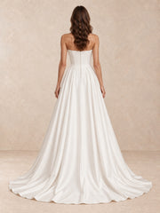 Pearl-Accented Strapless Satin Wedding Dress With Sweep Train