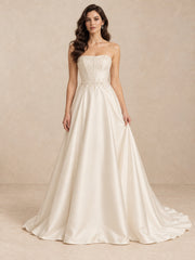 Pearl-Beaded Satin A-Line Wedding Dress with Sweep Train
