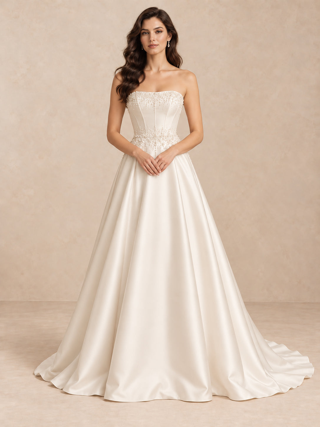 Pearl-Beaded Satin A-Line Wedding Dress with Sweep Train