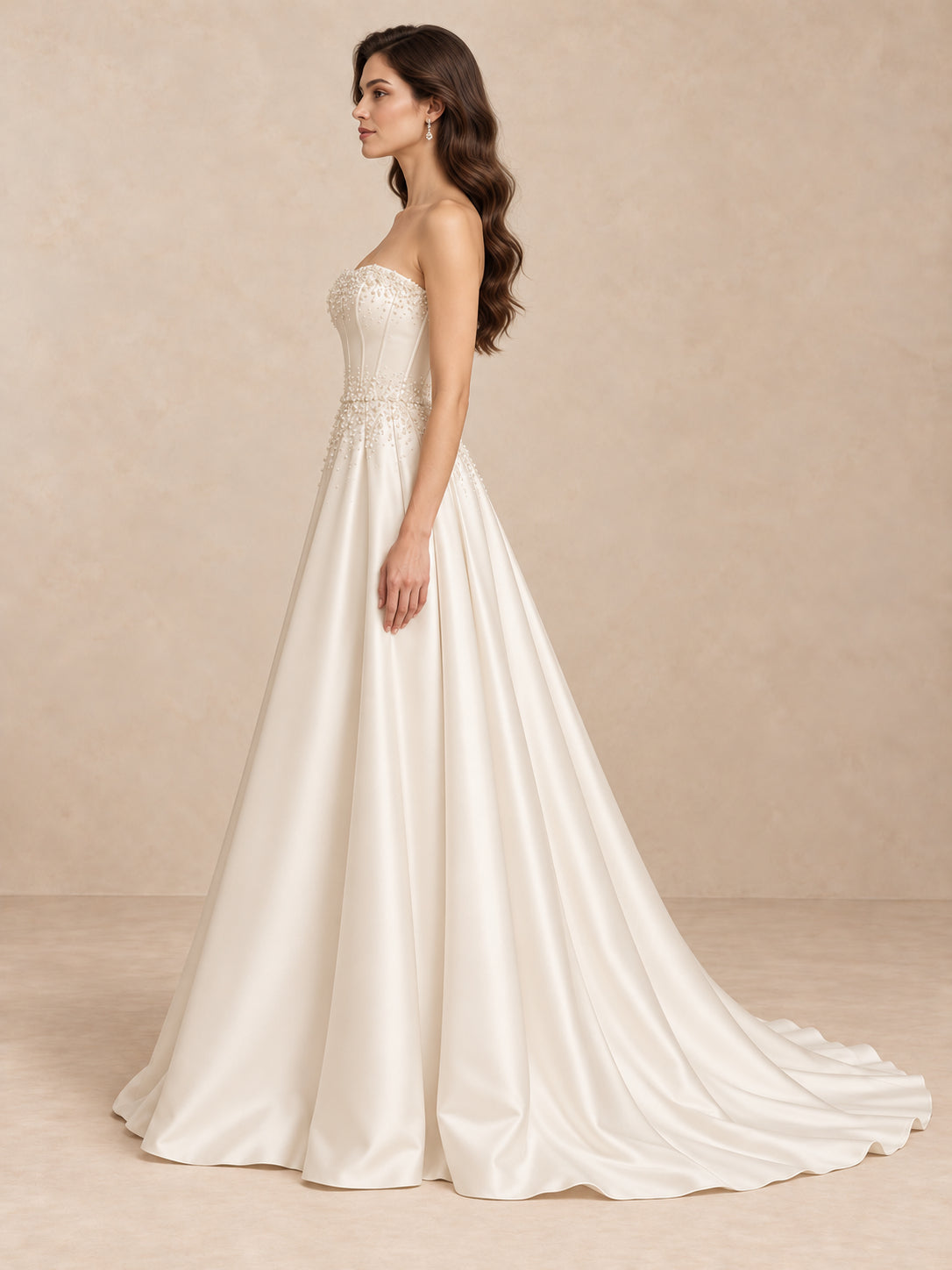 Pearl-Beaded Satin A-Line Wedding Dress with Sweep Train