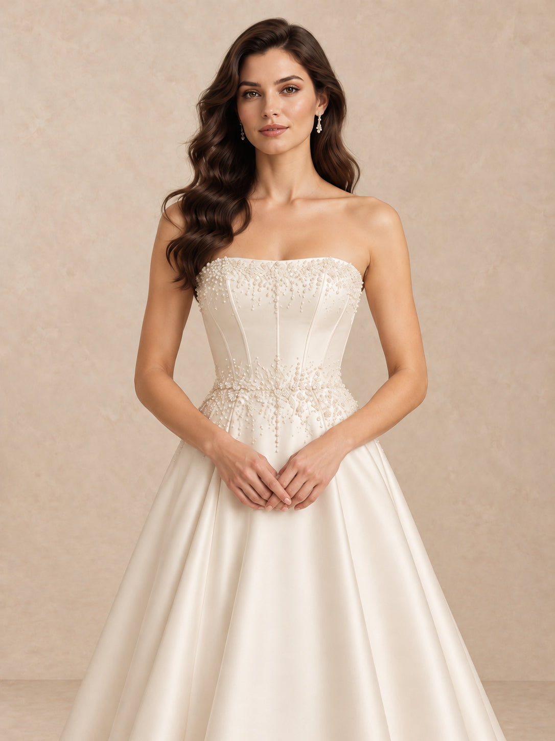 Pearl-Beaded Satin A-Line Wedding Dress with Sweep Train