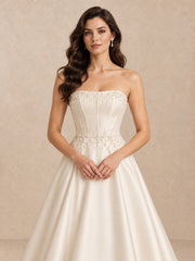 Pearl-Beaded Satin A-Line Wedding Dress with Sweep Train
