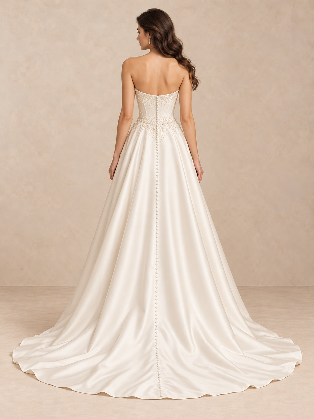 Pearl-Beaded Satin A-Line Wedding Dress with Sweep Train