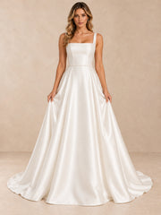 Pearl-Beaded Square-Neck Satin A-Line Wedding Dress with Sweep Train