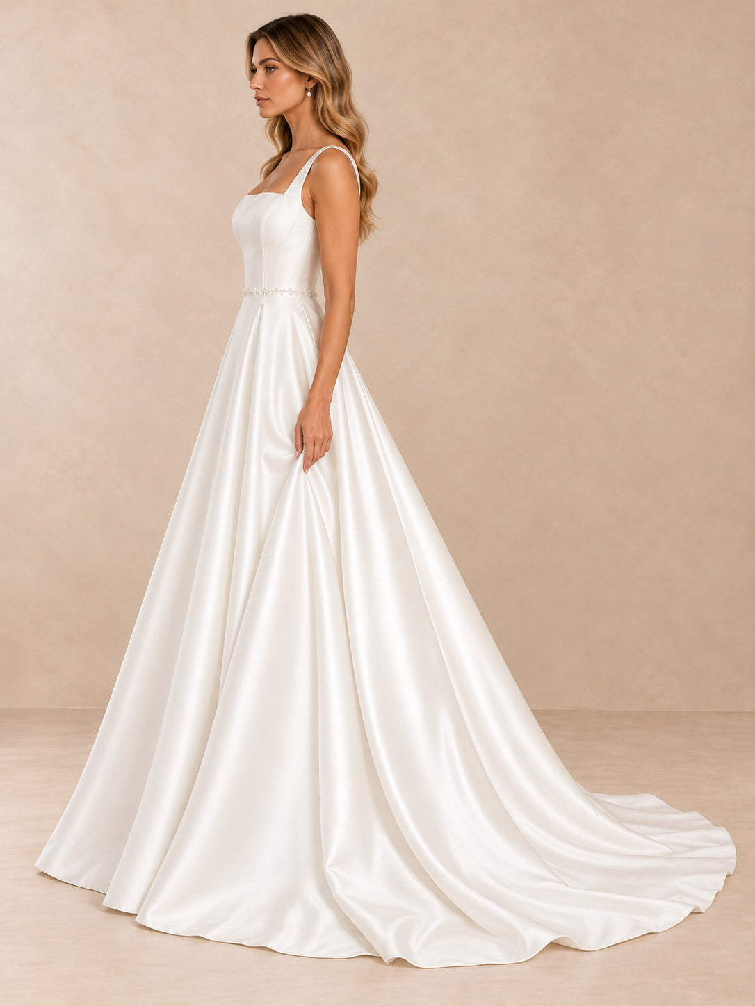 Pearl-Beaded Square-Neck Satin A-Line Wedding Dress with Sweep Train