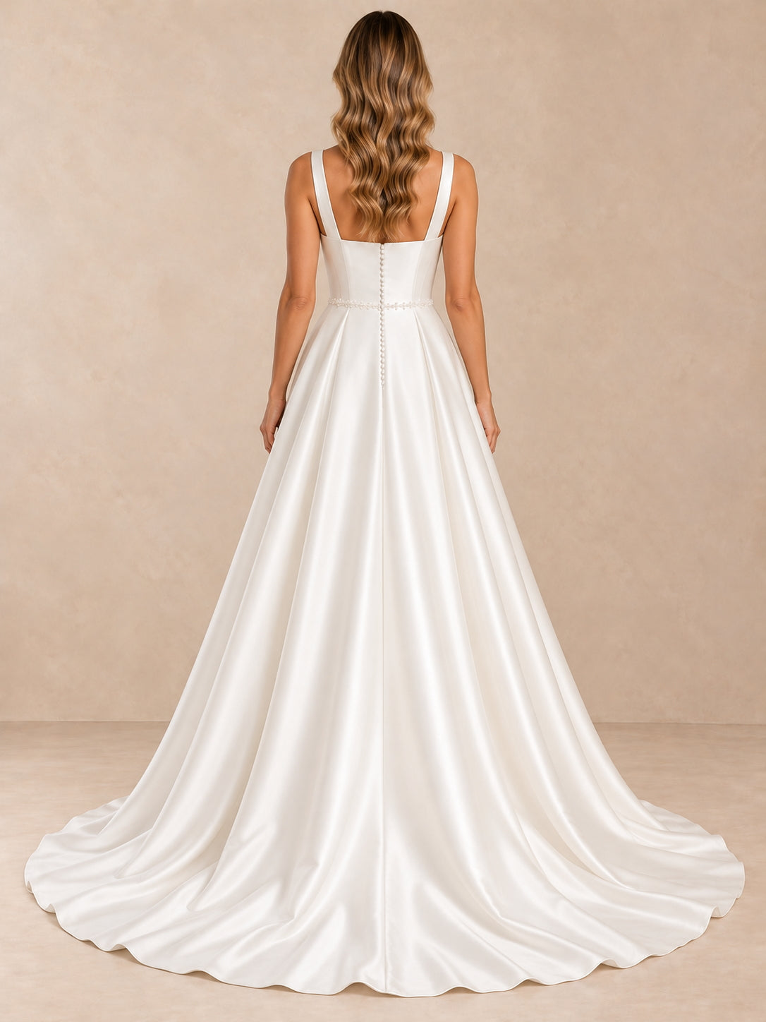 Pearl-Beaded Square-Neck Satin A-Line Wedding Dress with Sweep Train