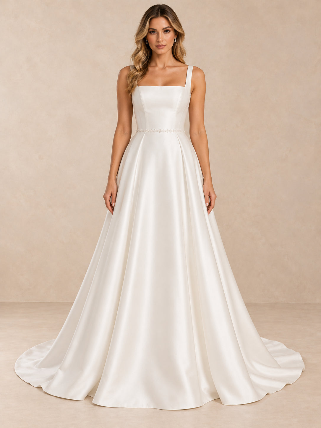 Pearl-Beaded Square-Neck Satin A-Line Wedding Dress with Sweep Train