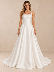 Pearl-Beaded Square-Neck Satin A-Line Wedding Dress with Sweep Train