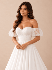 Pearl-Beaded Sweetheart A-Line Wedding Dress with Sheer Puff Sleeves