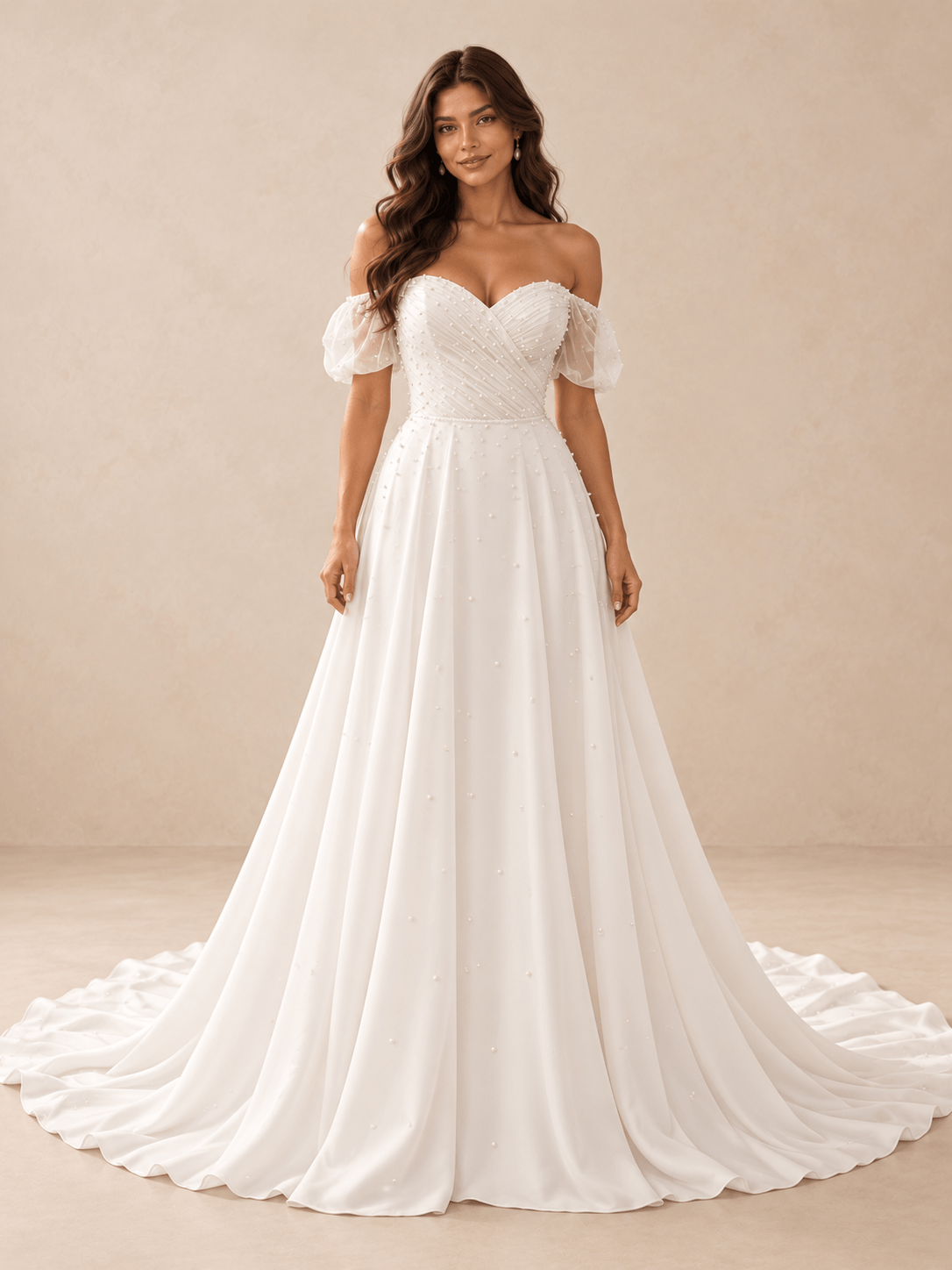 Pearl-Beaded Sweetheart A-Line Wedding Dress with Sheer Puff Sleeves