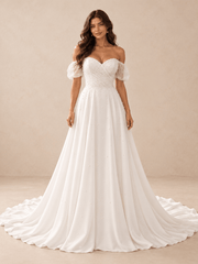 Pearl-Beaded Sweetheart A-Line Wedding Dress with Sheer Puff Sleeves