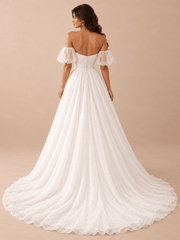Pearl-Beaded Sweetheart A-Line Wedding Dress with Sheer Puff Sleeves