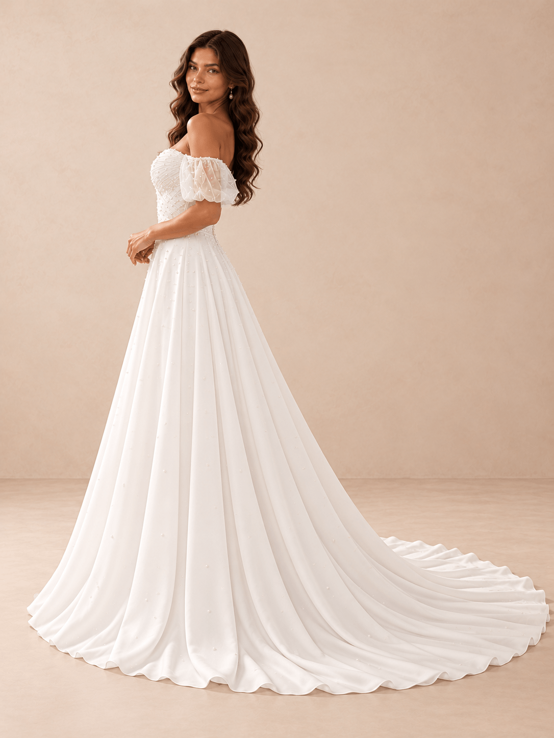 Pearl-Beaded Sweetheart A-Line Wedding Dress with Sheer Puff Sleeves