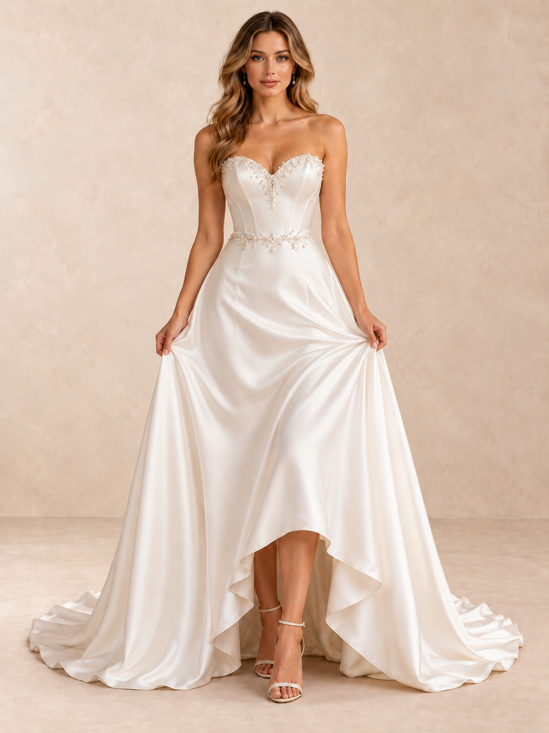 Pearl-Embellished Strapless Satin High-Low Wedding Dress with Sweep Train