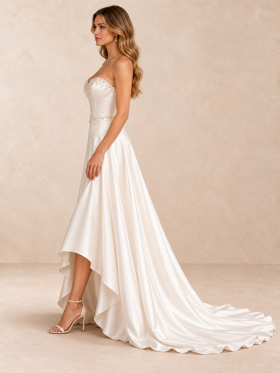 Pearl-Embellished Strapless Satin High-Low Wedding Dress with Sweep Train
