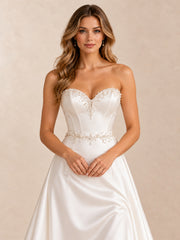Pearl-Embellished Strapless Satin High-Low Wedding Dress with Sweep Train