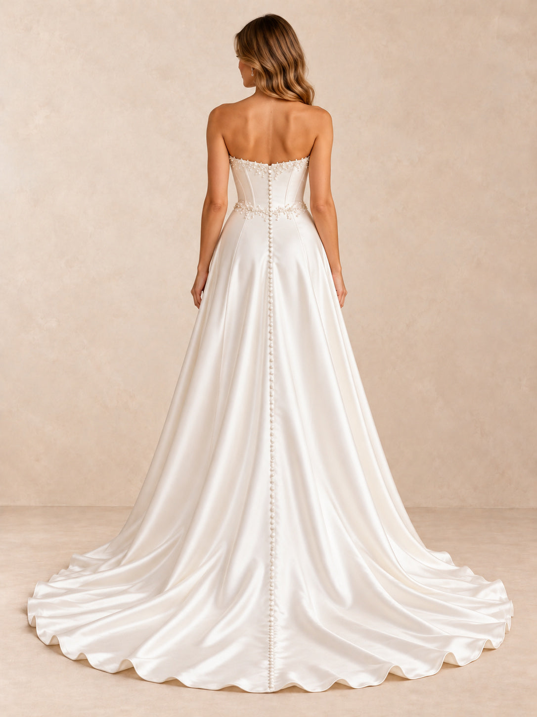 Pearl-Embellished Strapless Satin High-Low Wedding Dress with Sweep Train
