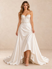 Pearl-Embellished Strapless Satin High-Low Wedding Dress with Sweep Train
