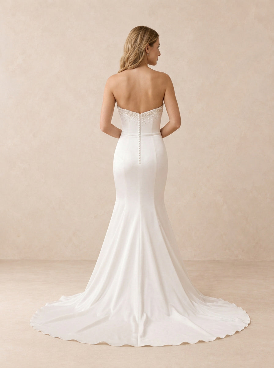 Pearl-Embellished Strapless Satin Mermaid Wedding Dress with Court Train