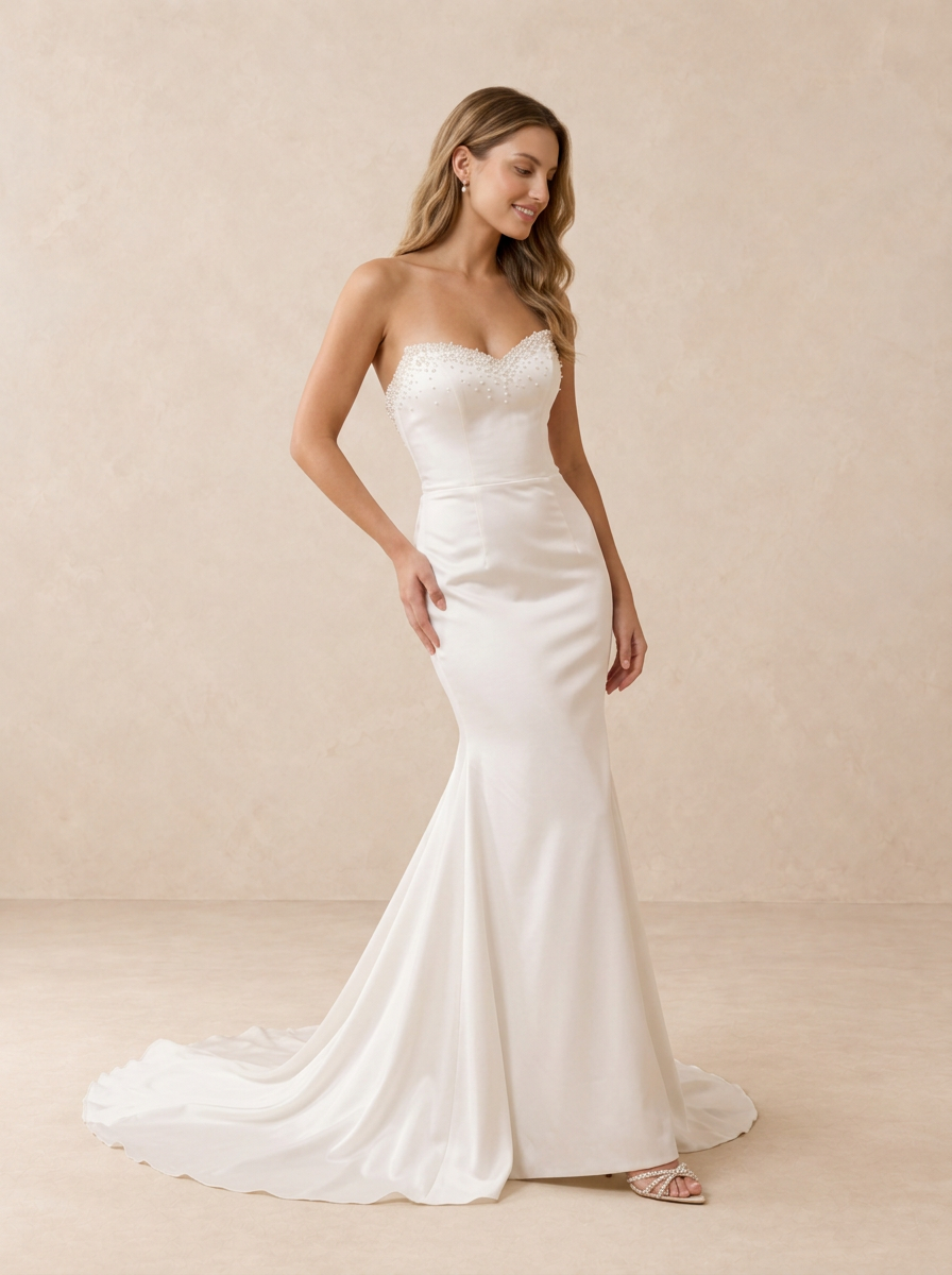 Pearl-Embellished Strapless Satin Mermaid Wedding Dress with Court Train