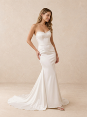Pearl-Embellished Strapless Satin Mermaid Wedding Dress with Court Train