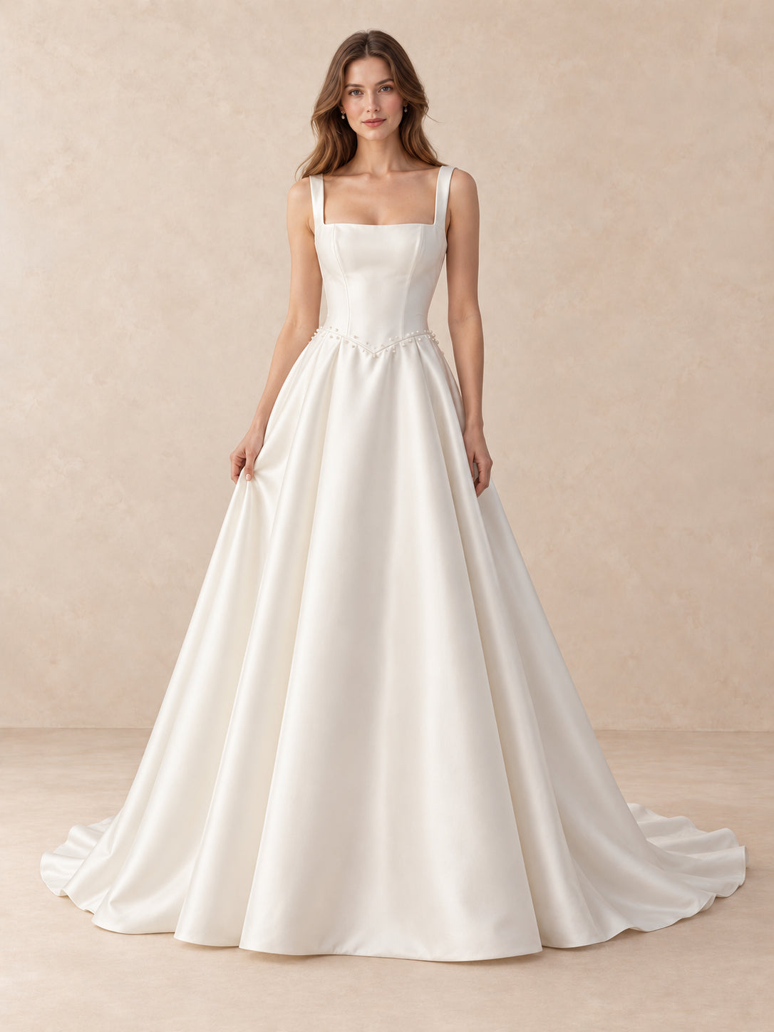 Pearl-Trim Square-Neck Satin Wedding Dress with Sweep Train