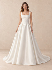Pearl-Trim Square-Neck Satin Wedding Dress with Sweep Train