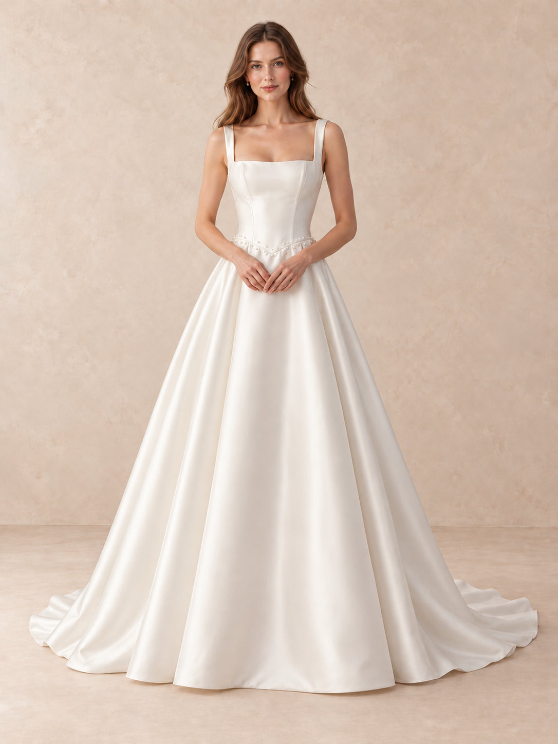 Pearl-Trim Square-Neck Satin Wedding Dress with Sweep Train