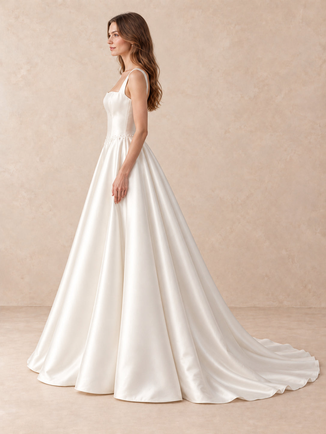 Pearl-Trim Square-Neck Satin Wedding Dress with Sweep Train