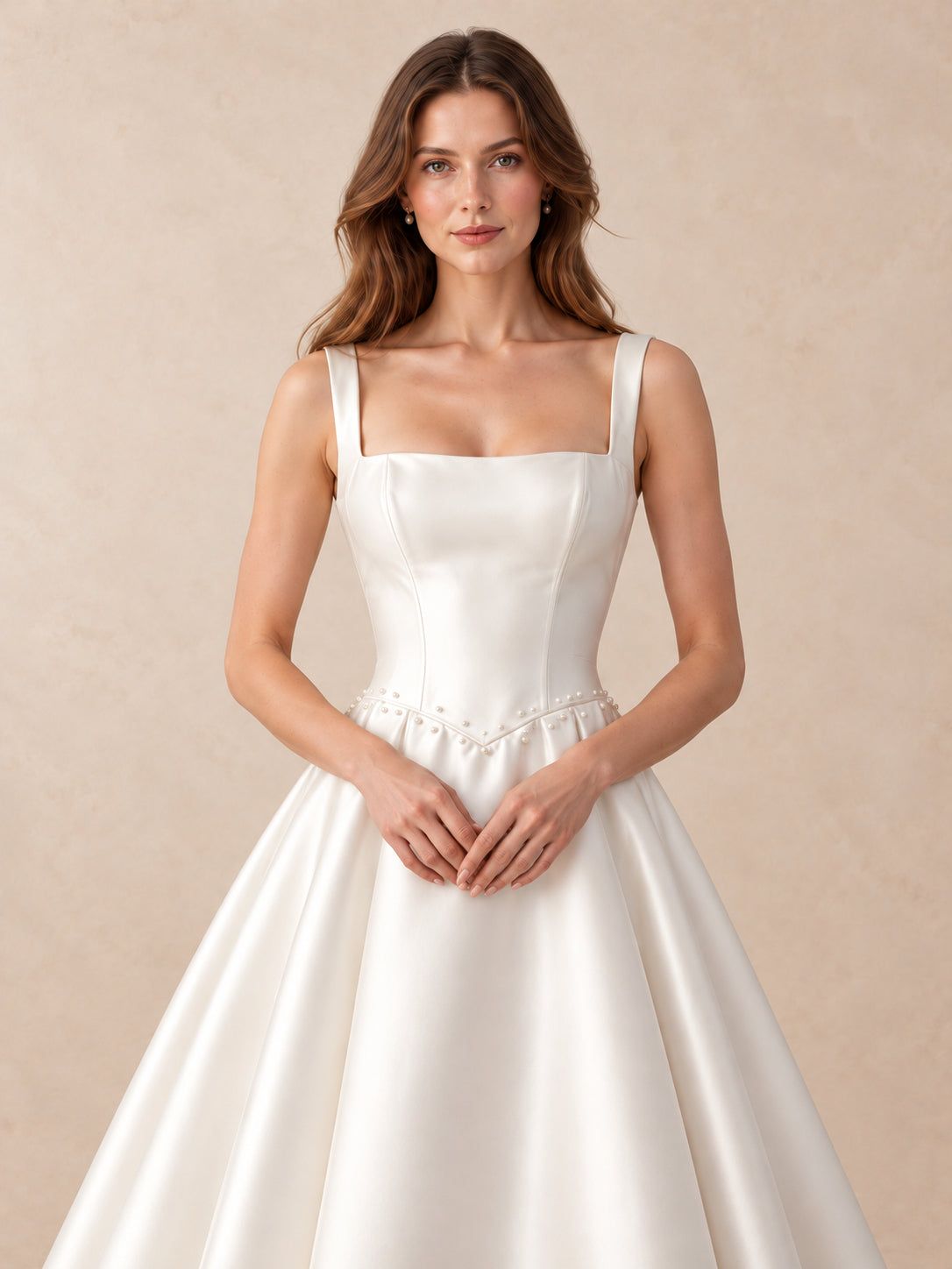 Pearl-Trim Square-Neck Satin Wedding Dress with Sweep Train