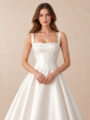 Pearl-Trim Square-Neck Satin Wedding Dress with Sweep Train