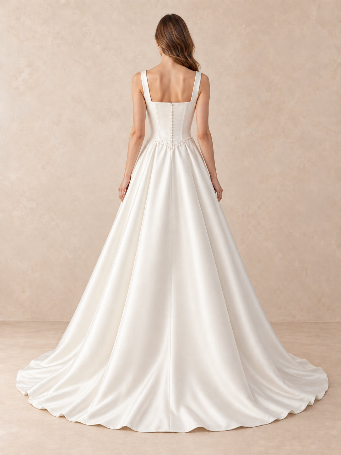 Pearl-Trim Square-Neck Satin Wedding Dress with Sweep Train