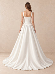 Pearl-Trim Square-Neck Satin Wedding Dress with Sweep Train