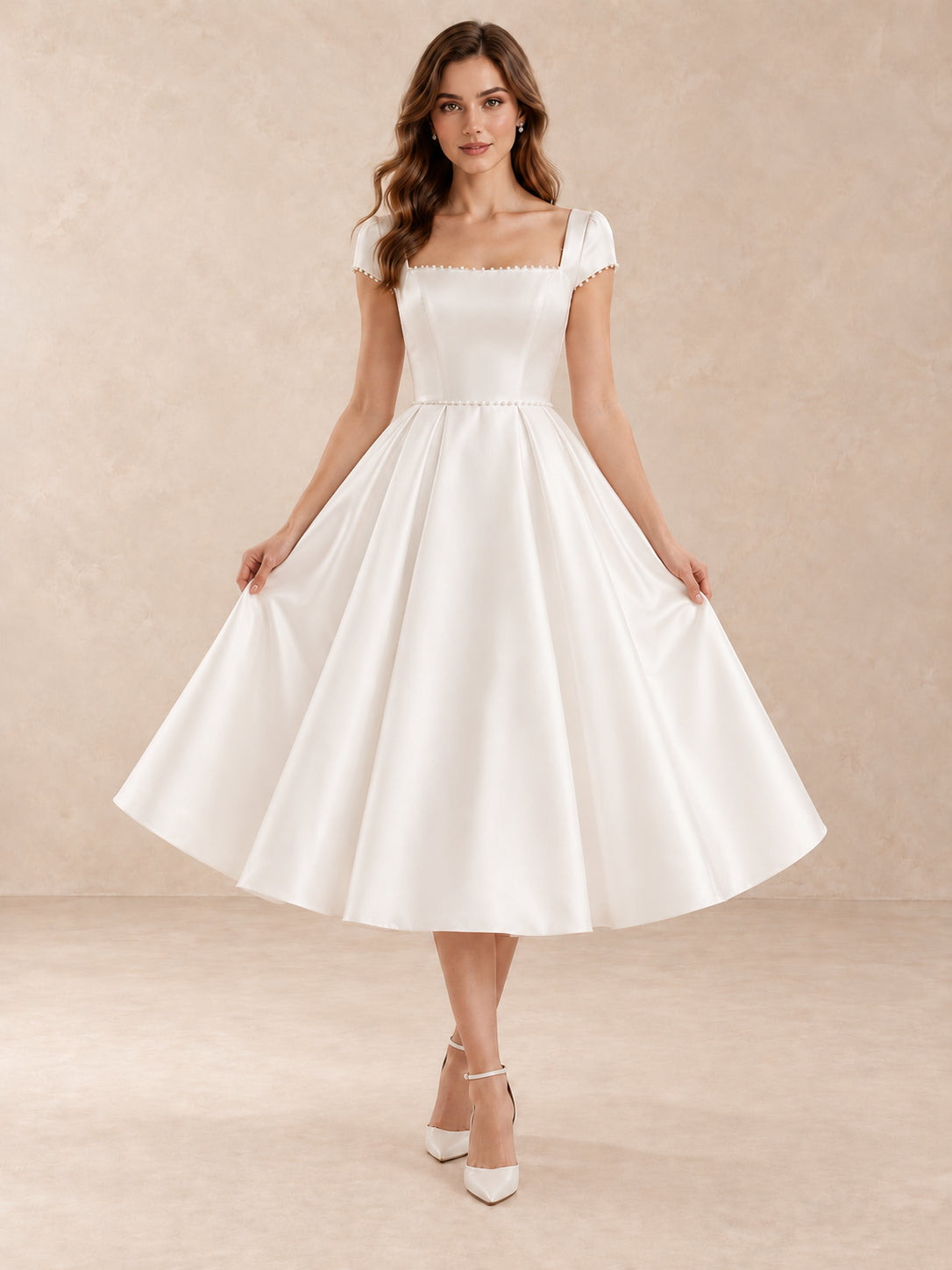 Pearl-Trim Square-Neck Satin Tea-Length Wedding Dress with Cap Sleeves