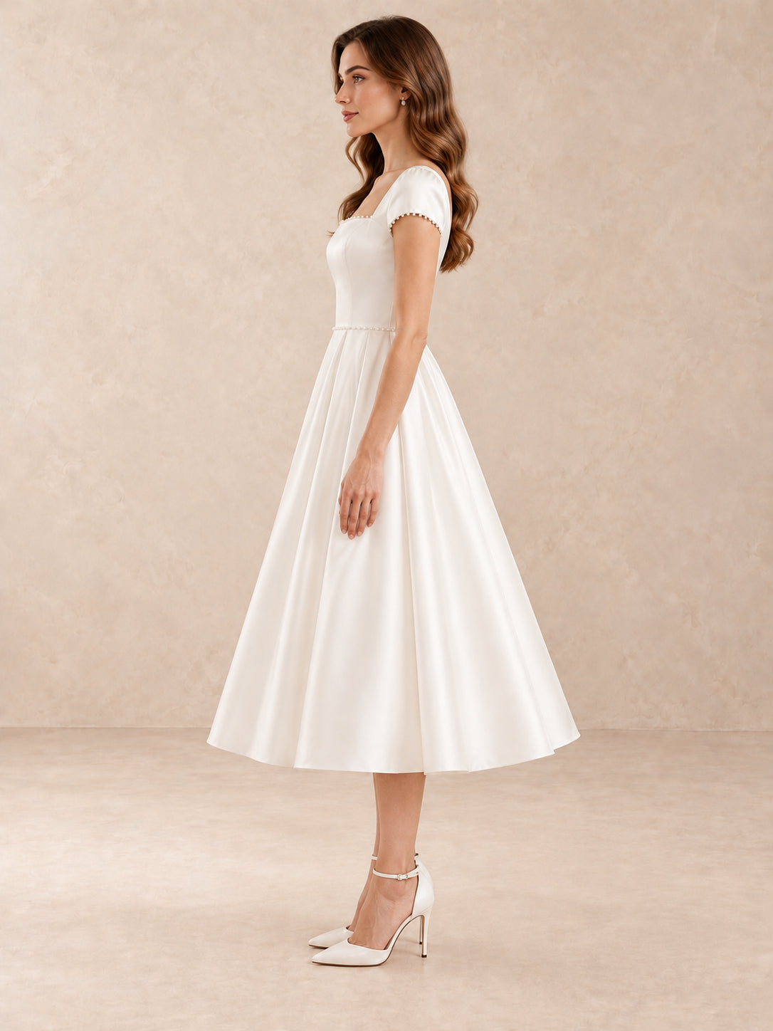 Pearl-Trim Square-Neck Satin Tea-Length Wedding Dress with Cap Sleeves