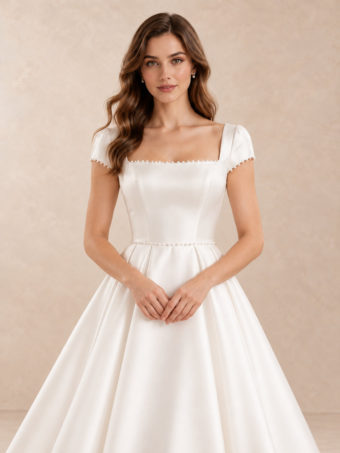 Pearl-Trim Square-Neck Satin Tea-Length Wedding Dress with Cap Sleeves