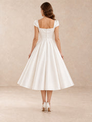 Pearl-Trim Square-Neck Satin Tea-Length Wedding Dress with Cap Sleeves