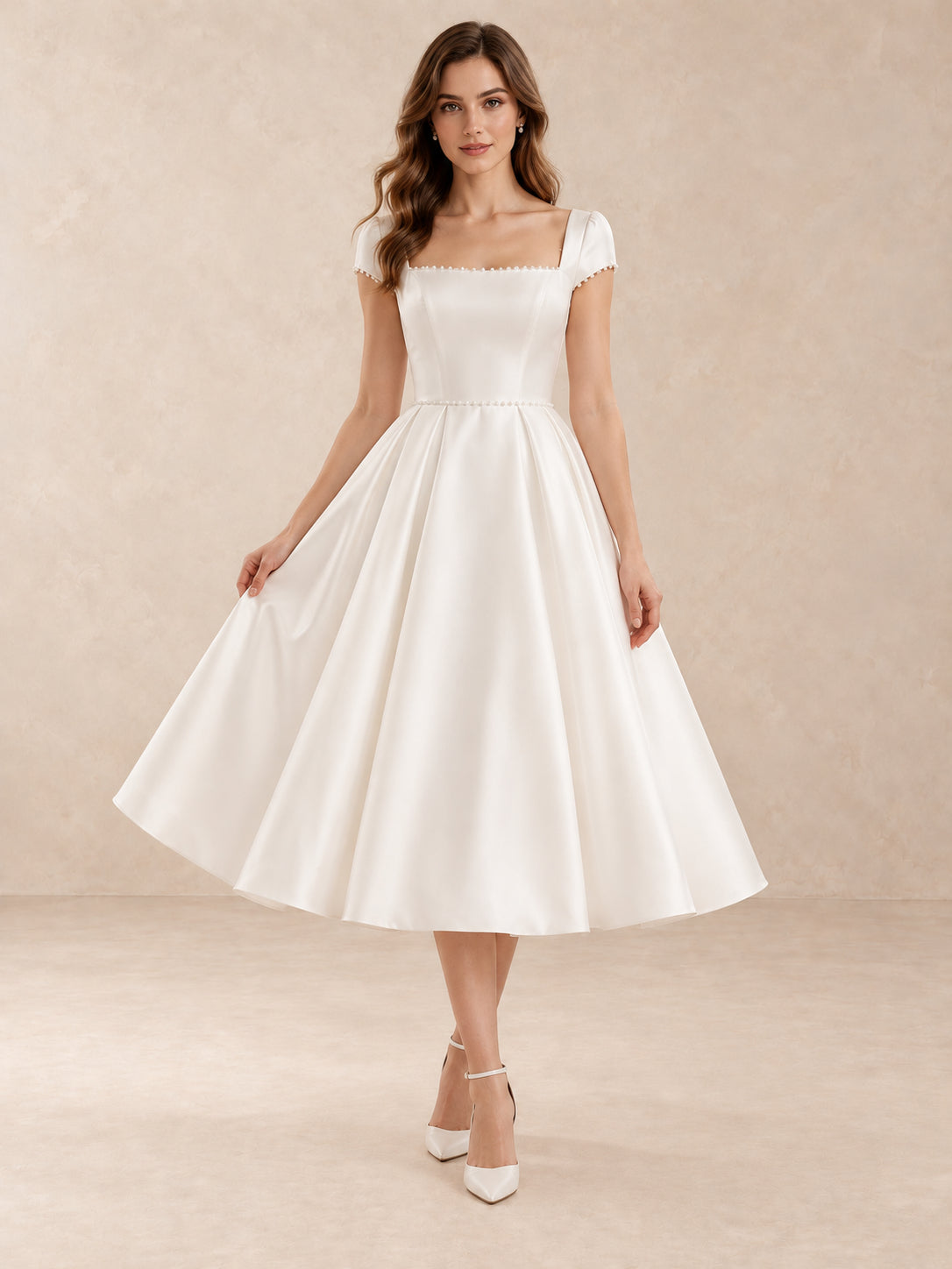 Pearl-Trim Square-Neck Satin Tea-Length Wedding Dress with Cap Sleeves