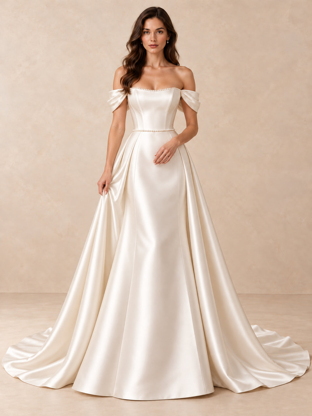 Pearl-Trimmed Off-the-Shoulder Satin A-Line Wedding Dress with Sweep Train