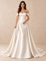 Pearl-Trimmed Off-the-Shoulder Satin A-Line Wedding Dress with Sweep Train
