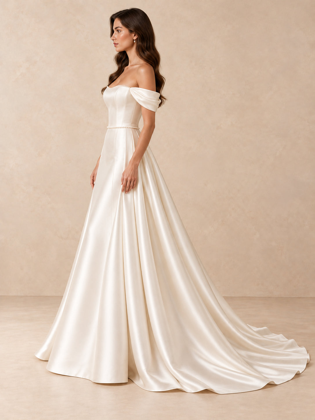 Pearl-Trimmed Off-the-Shoulder Satin A-Line Wedding Dress with Sweep Train