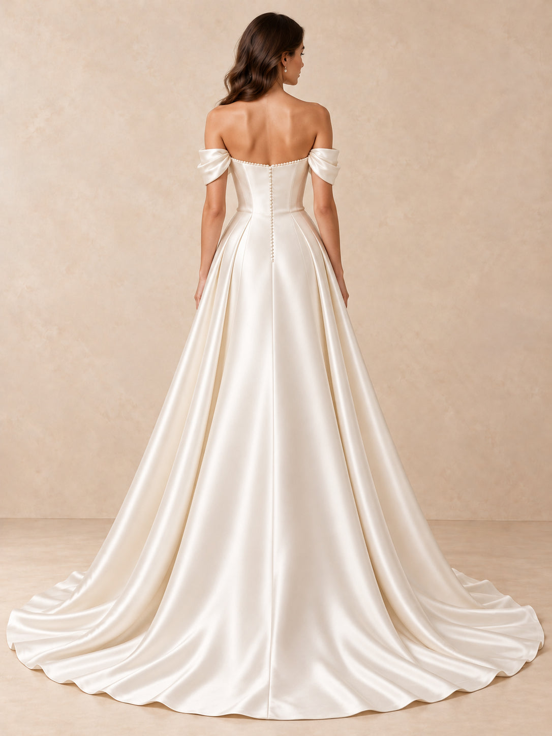 Pearl-Trimmed Off-the-Shoulder Satin A-Line Wedding Dress with Sweep Train
