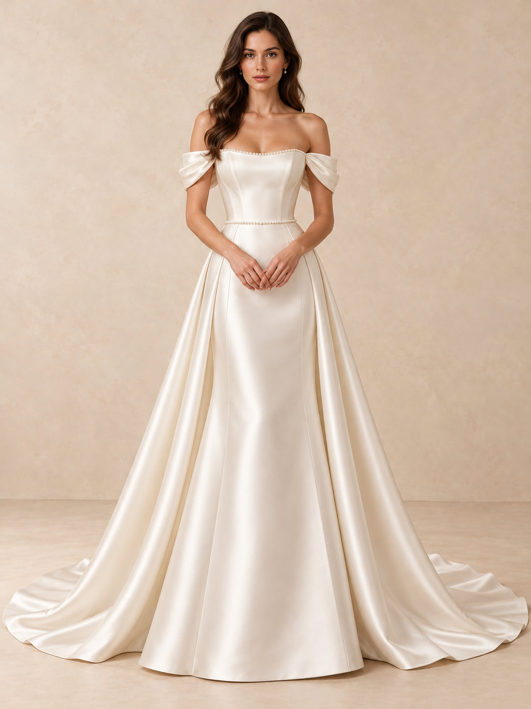 Pearl-Trimmed Off-the-Shoulder Satin A-Line Wedding Dress with Sweep Train