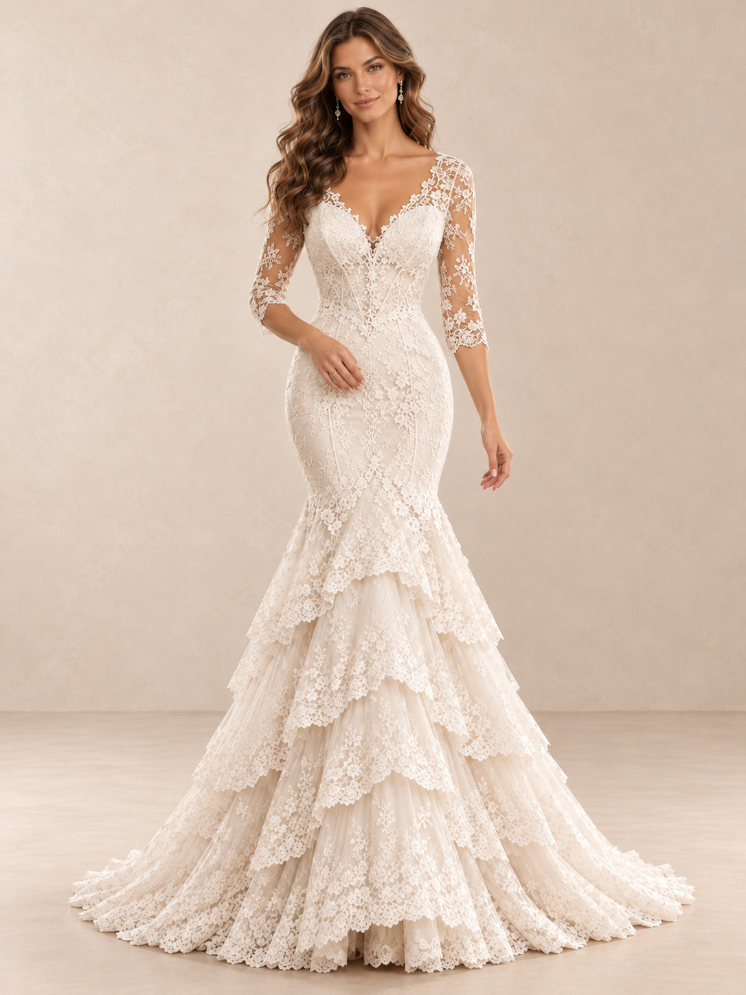 Romantic Lace Mermaid Wedding Dress with V-Neck and 3/4 Sleeves