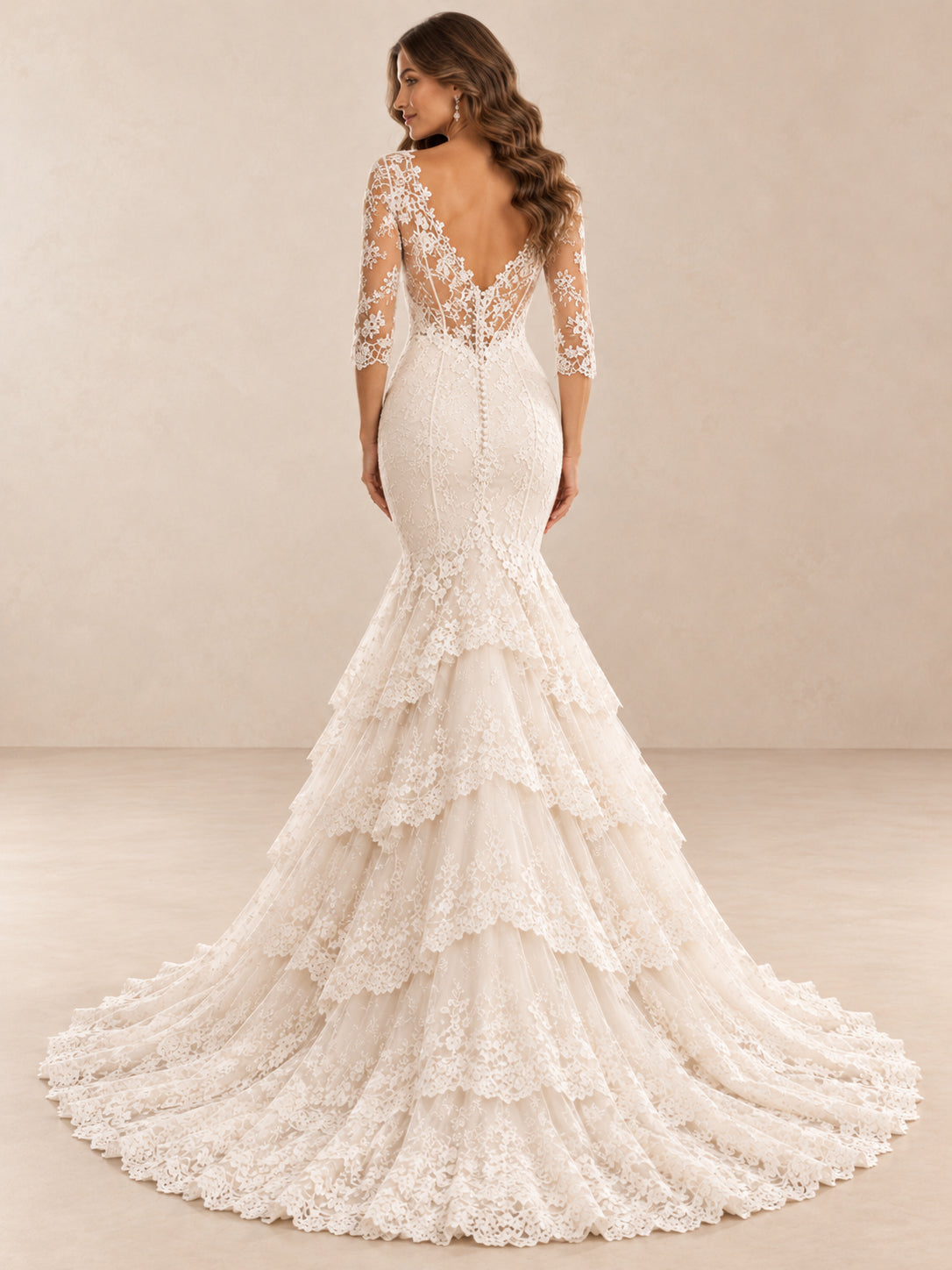 Romantic Lace Mermaid Wedding Dress with V-Neck and 3/4 Sleeves
