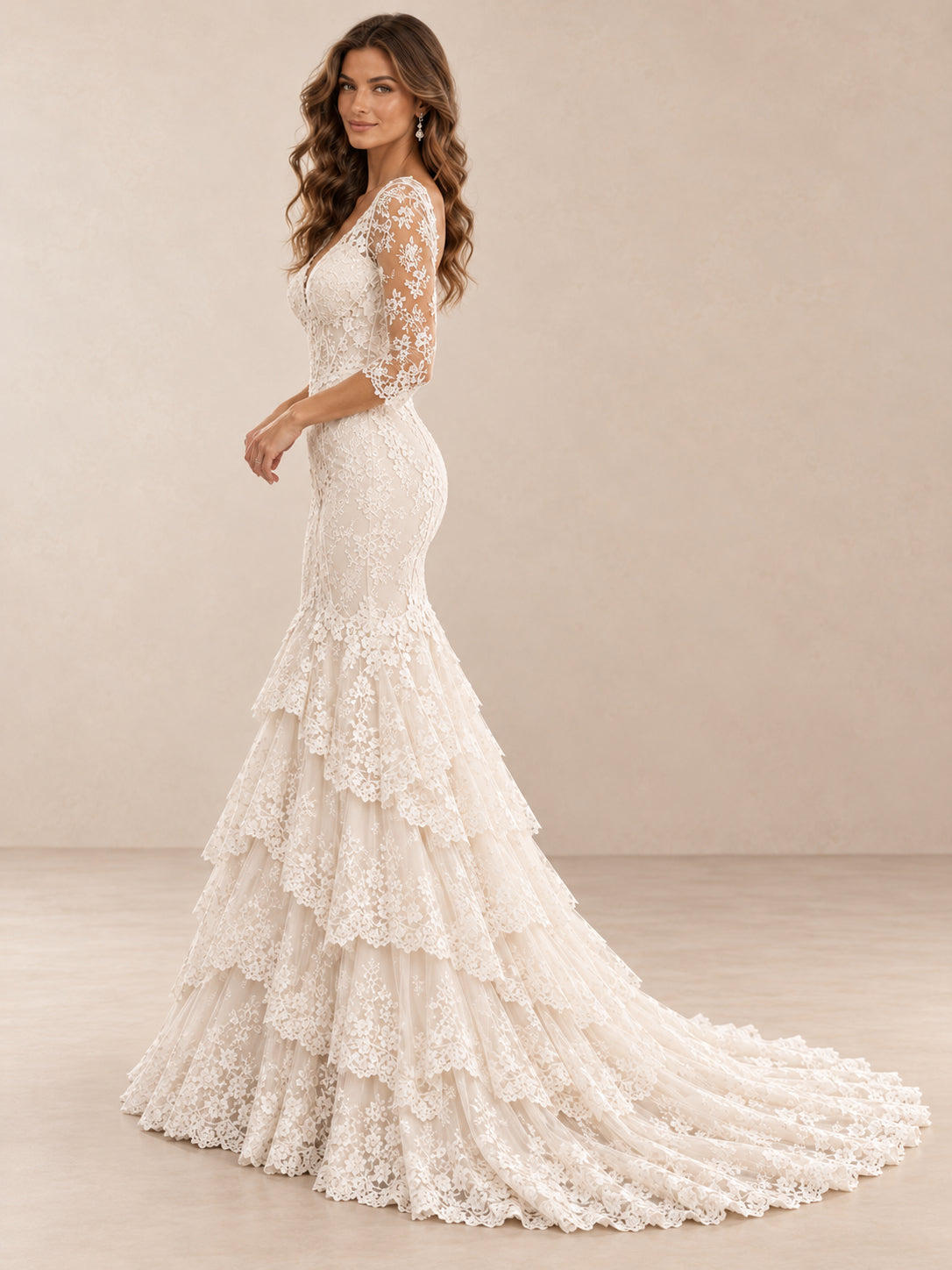 Romantic Lace Mermaid Wedding Dress with V-Neck and 3/4 Sleeves