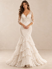 Romantic Lace Mermaid Wedding Dress with V-Neck and 3/4 Sleeves